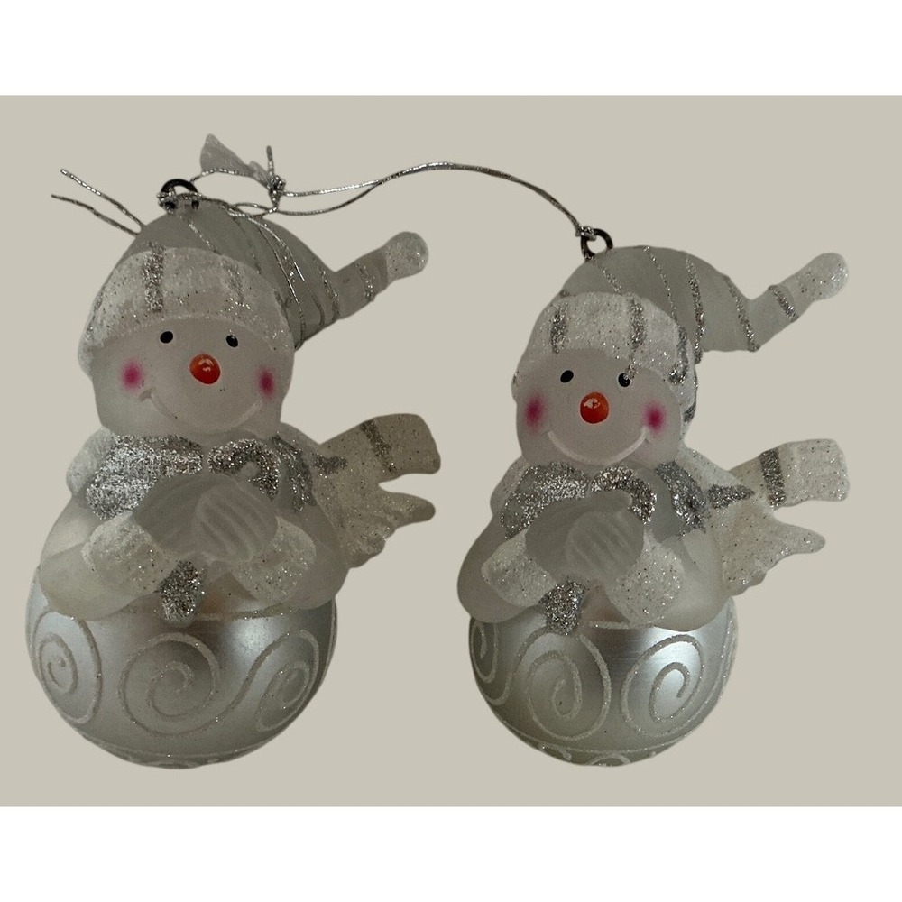 Snowman Christmas Ornaments Silver Glitter Frosted Winter Decor Set of 2